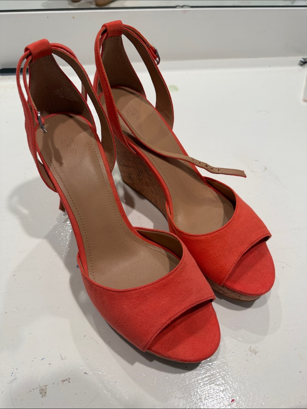 H&M Coral-Red Suede Open-Toe Wedge Sandals